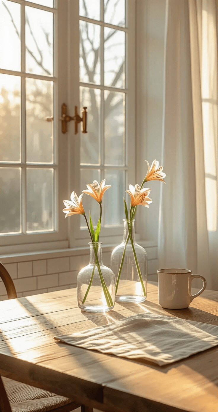 Why Fresh Flowers Make Every Morning Feel Like a Million Bucks (And How to Actually Keep Them Alive) A serene breakfast nook bathed in golden morning light, featuring a reclaimed wood dining table, white subway tile backsplash, brass fixtures, and delicate alstroemeria flowers in clear glass vases. Sheer curtains filter sunlight, creating soft shadows on warm oak flooring, emphasizing textures of glass, wood, and flowers.