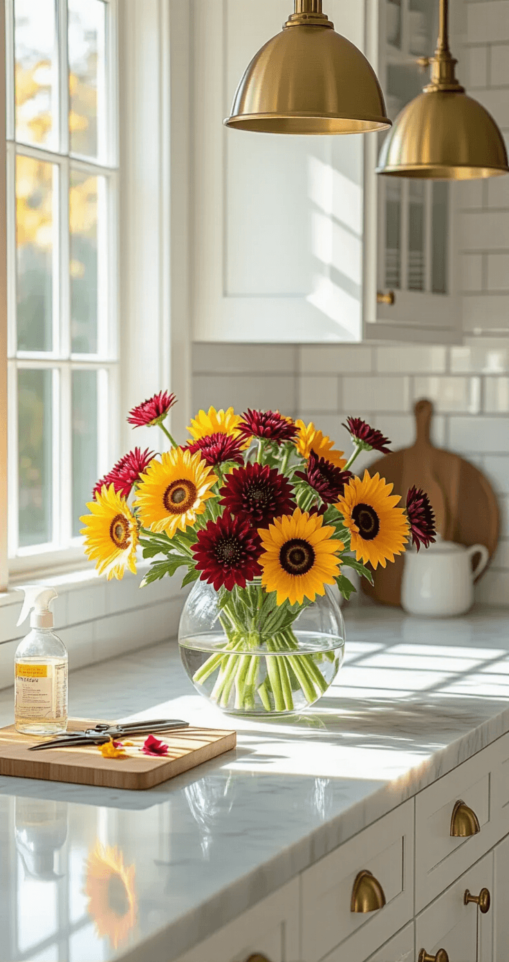 Why Fresh Flowers Make Every Morning Feel Like a Million Bucks (And How to Actually Keep Them Alive) Bright kitchen counter with Carrara marble and white shaker cabinets, featuring a glass bowl of burgundy and yellow chrysanthemums and sunflowers, illuminated by mid-morning light. Subway tile walls, brushed gold hardware, and bamboo cutting board with pruning shears and flower petals. Warm brass pendant lights hang softly above, casting organic shadows.