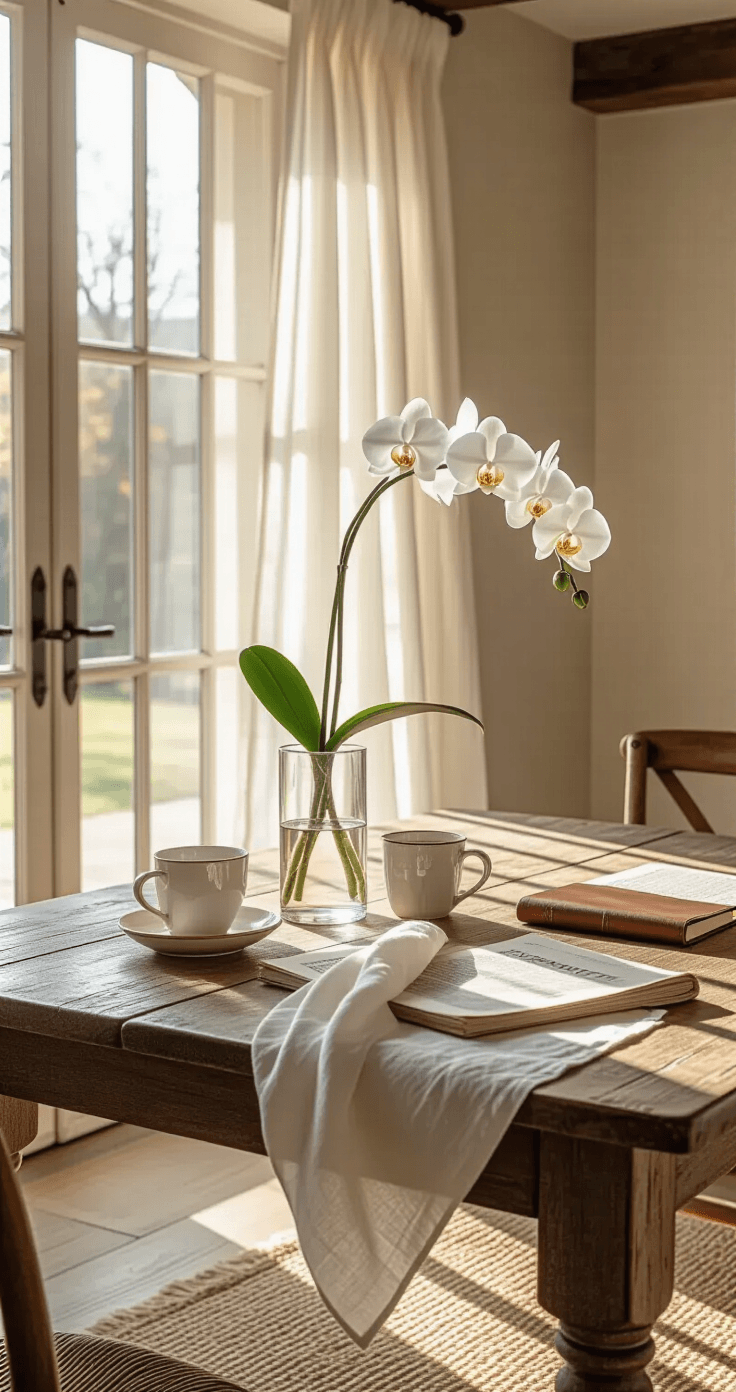 Why Fresh Flowers Make Every Morning Feel Like a Million Bucks (And How to Actually Keep Them Alive) An inviting morning coffee scene on a rustic farmhouse table, showcasing a vintage ceramic cup, leather journal, and fresh newspaper, all highlighted by soft light filtering through flowing white curtains and a delicate white orchid centerpiece.