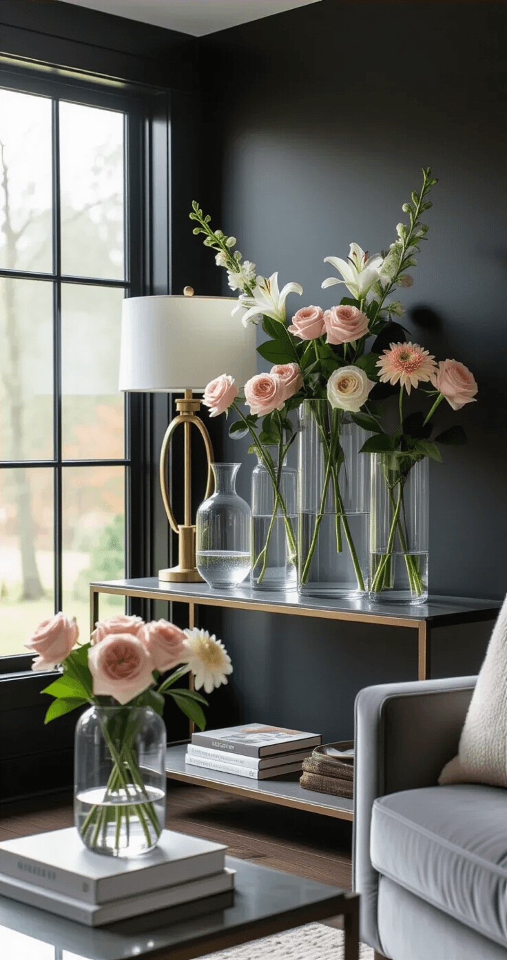 Why Fresh Flowers Make Every Morning Feel Like a Million Bucks (And How to Actually Keep Them Alive) Elegant console table styling against a charcoal wall, featuring clear glass vases with blush and cream flowers, a grey velvet sofa, a brass table lamp, and coffee table books, all illuminated by natural morning light from large black-framed windows.