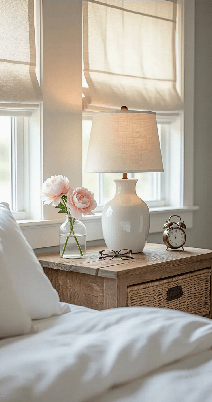 Why Fresh Flowers Make Every Morning Feel Like a Million Bucks (And How to Actually Keep Them Alive) Cozy bedroom nightstand vignette with reclaimed wood surface, white ceramic lamp, and blush pink peony in a bud vase, illuminated by soft morning light filtering through linen shades, featuring white bedding, glass of water, reading glasses, and vintage alarm clock, against pale grey walls and a woven basket below, captured from bed-level perspective.