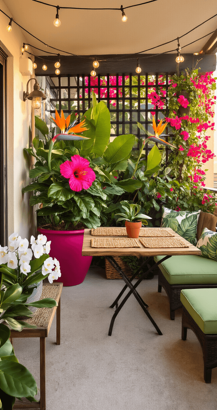 Tropical Flower Garden & Patio Styling: How I Created My Own Backyard Paradise A small urban balcony transformed into a tropical paradise at sunset, featuring a vibrant magenta hibiscus, dramatic bird of paradise, cascading bougainvillea, an off-center weathered teak bistro table with rattan placemats, potted white orchids, warm amber string lights, sage green cushions with tropical patterns, and textured cream-painted concrete walls.