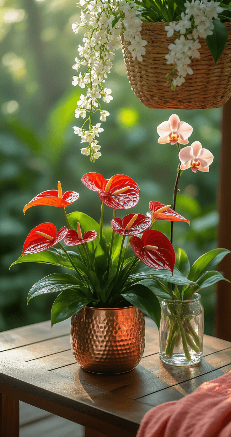 Tropical Flower Garden & Patio Styling: How I Created My Own Backyard Paradise Close-up macro of a vibrant tropical flower arrangement featuring a glossy red anthurium in a hammered copper container, white jasmine cascading from a woven basket, and pale pink orchid stems in a clear glass vase, set on a natural teak wood table with visible grain, accented by scattered green monstera leaves and dewdrops glistening on the petals under soft morning light.