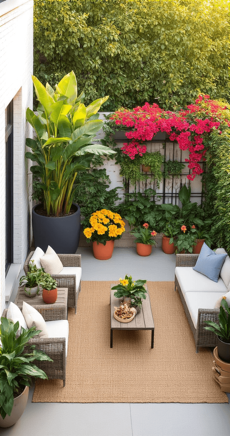 Tropical Flower Garden & Patio Styling: How I Created My Own Backyard Paradise Aerial view of a tropical patio makeover at golden hour, showcasing layered plants, a jute rug, intimate furniture arrangement, and warm lighting.
