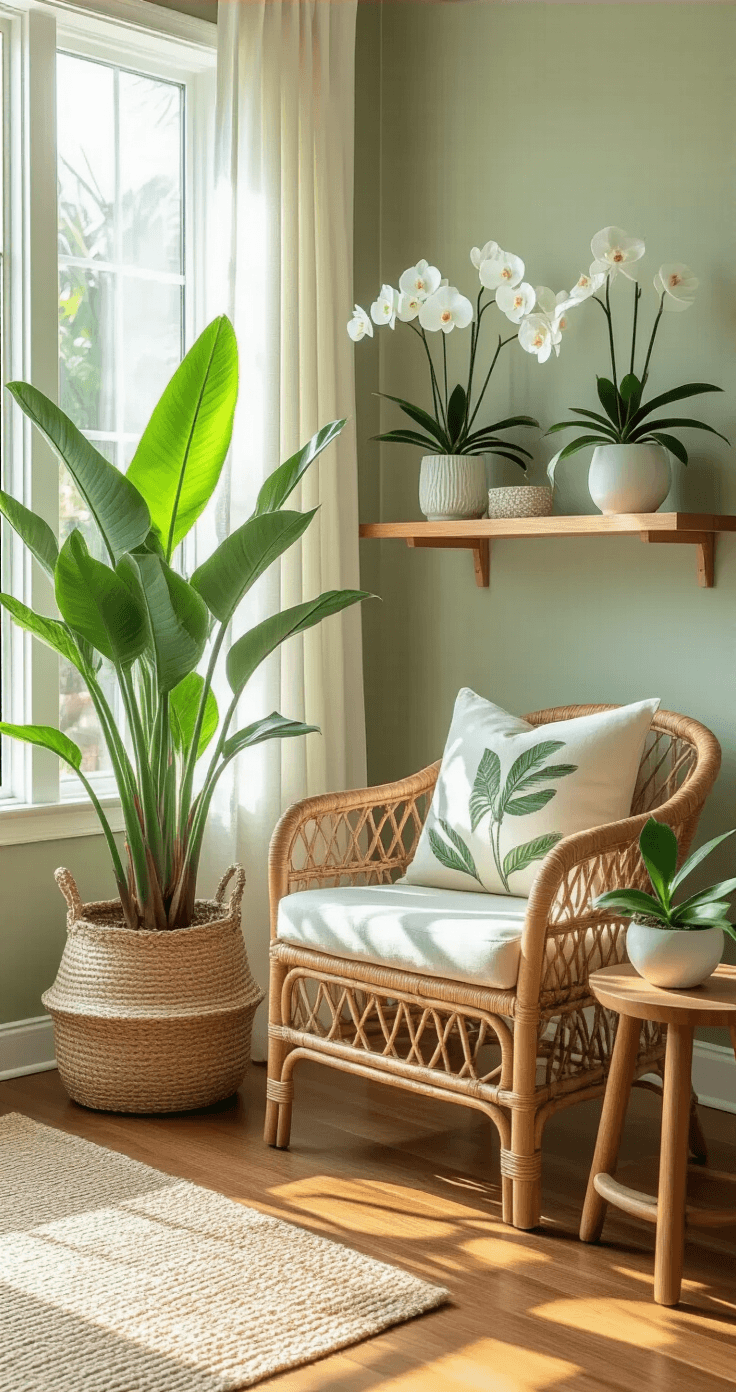 Tropical Flower Garden & Patio Styling: How I Created My Own Backyard Paradise A cozy indoor tropical living room corner bathed in morning light, featuring a bird of paradise in a seagrass basket, phalaenopsis orchids on floating shelves, a rattan accent chair, and a side table with an anthurium. The space is defined by a soft sage green wall, a natural jute rug, and sheer white curtains, creating a warm and inviting reading nook.