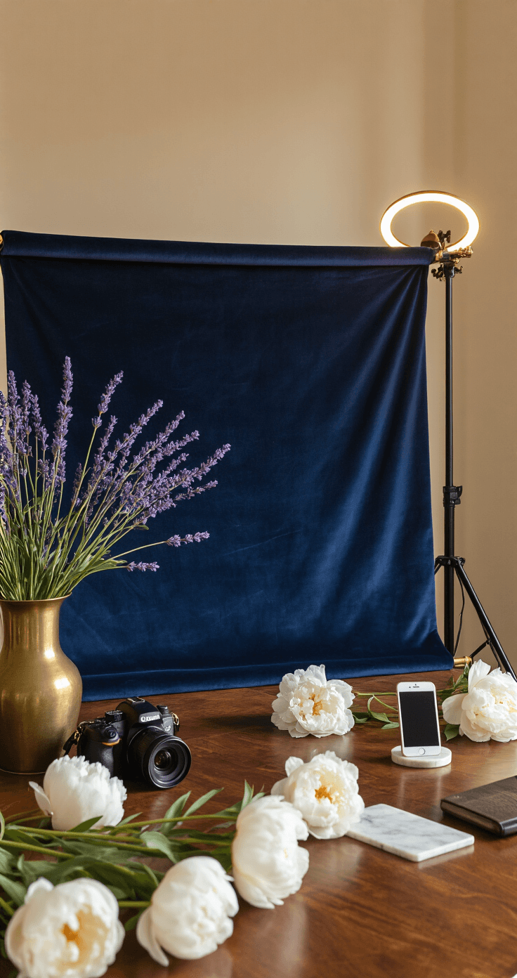 Good Night Flowers: The Most Beautiful Way to End Someone's Day Medium shot of a stylish evening photography setup on a walnut dining table, featuring a navy velvet backdrop, lavender sprigs, white peonies, a vintage brass vase, and a smartphone on a marble stand, illuminated by warm tungsten lighting and natural window light, creating an atmosphere of creative preparation.