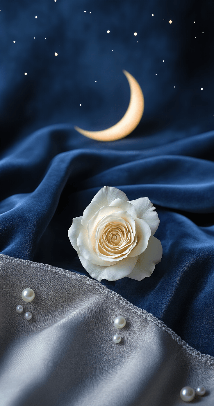 Good Night Flowers: The Most Beautiful Way to End Someone's Day Close-up of a single white rose against midnight blue velvet, illuminated by warm side lighting, with a crescent moon prop and star overlays in a serene, intimate setting.