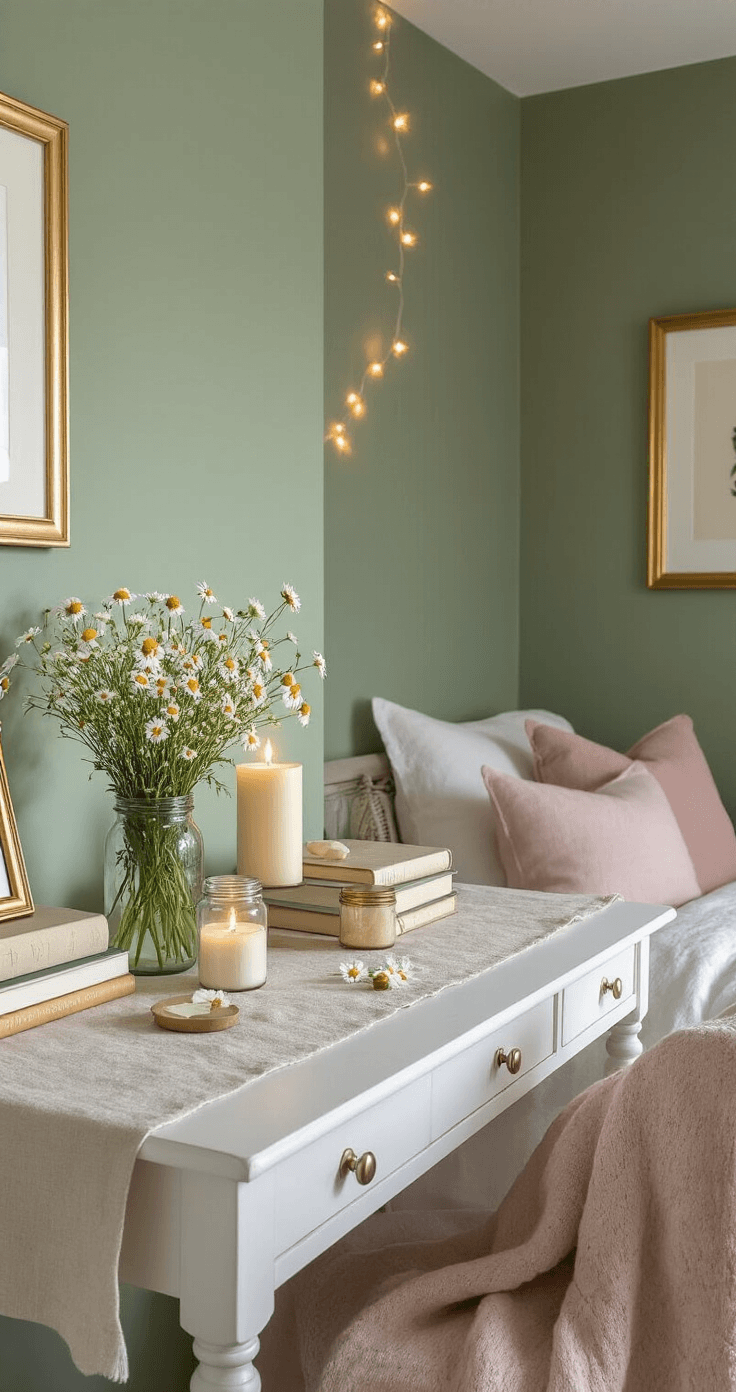Good Night Flowers: The Most Beautiful Way to End Someone's Day Cozy bedroom corner styling station at dusk with a white wooden desk against sage green walls, adorned with vintage books, candles, and flowers in Mason jars, illuminated by warm string lights and soft shadows, evoking a peaceful atmosphere.