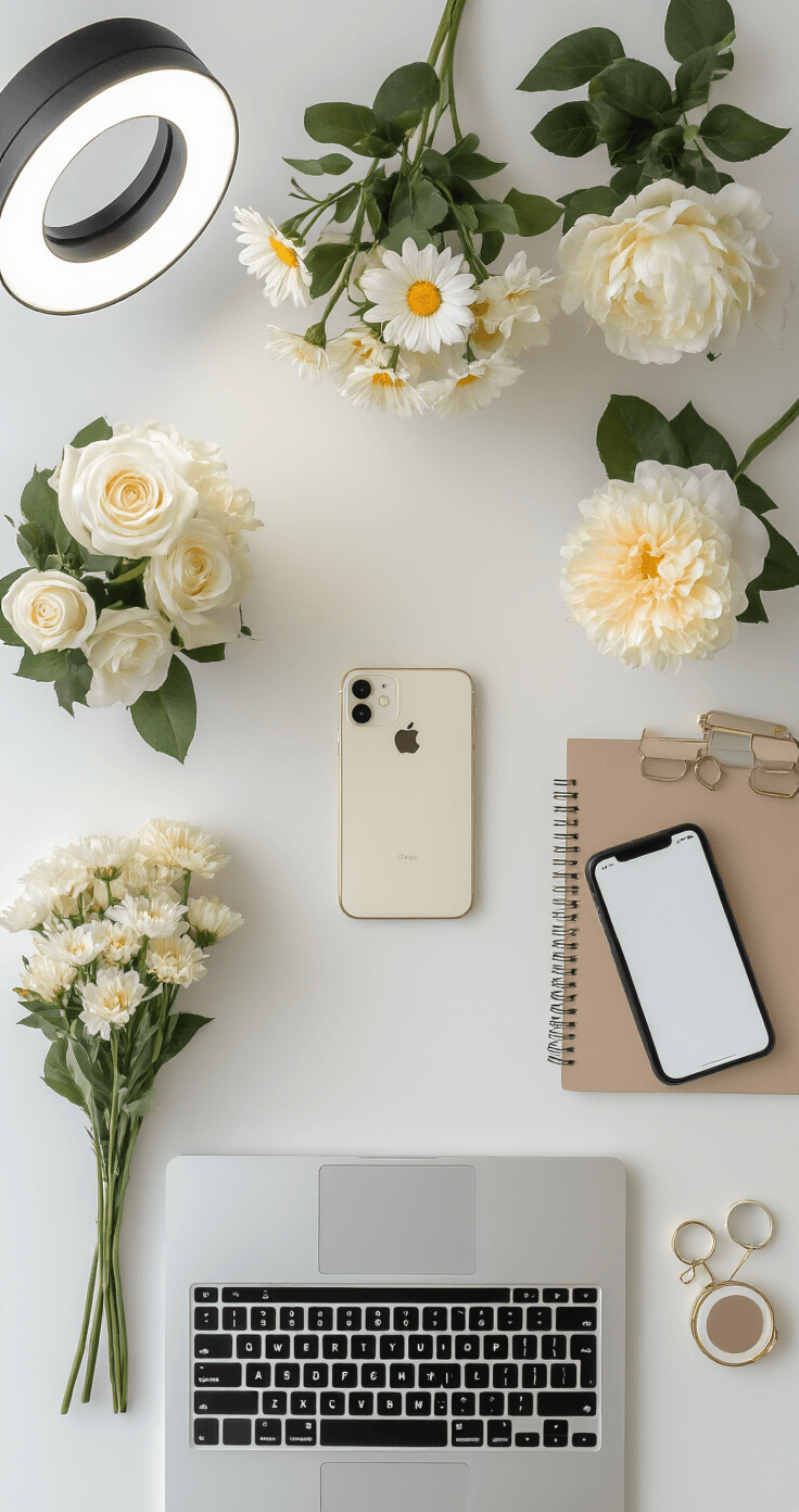 Good Night Flowers: The Most Beautiful Way to End Someone's Day Overhead flat lay of a social media content creation setup featuring flower arrangements, an iPhone, a ring light, a laptop displaying the Canva app, and professional photography tools on a clean white backdrop. The scene is bright and organized, showcasing a modern workspace aesthetic.