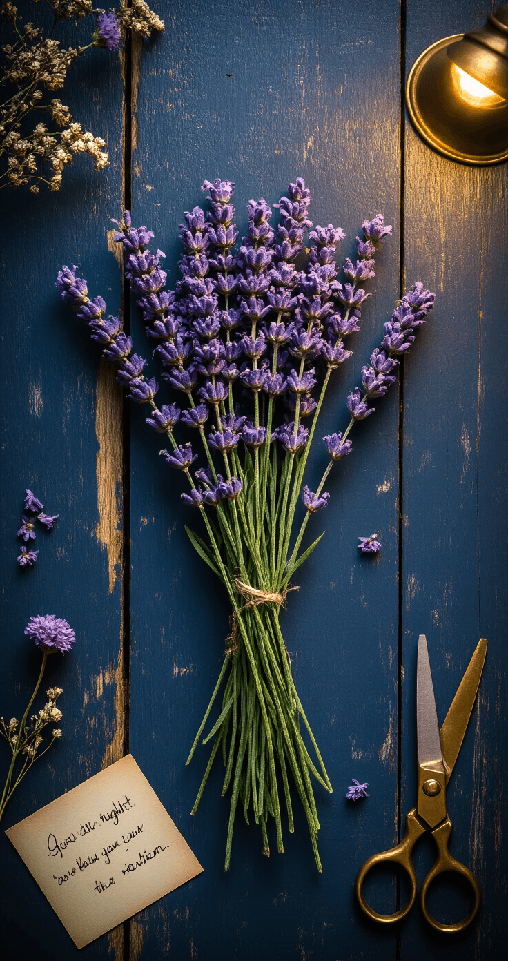 Good Night Flowers: The Most Beautiful Way to End Someone's Day Intimate close-up of lavender sprigs on a weathered navy wood surface, illuminated by a warm spotlight at night, with vintage brass scissors and handwritten note cards nearby, showcasing a rich indigo and antique gold color palette.