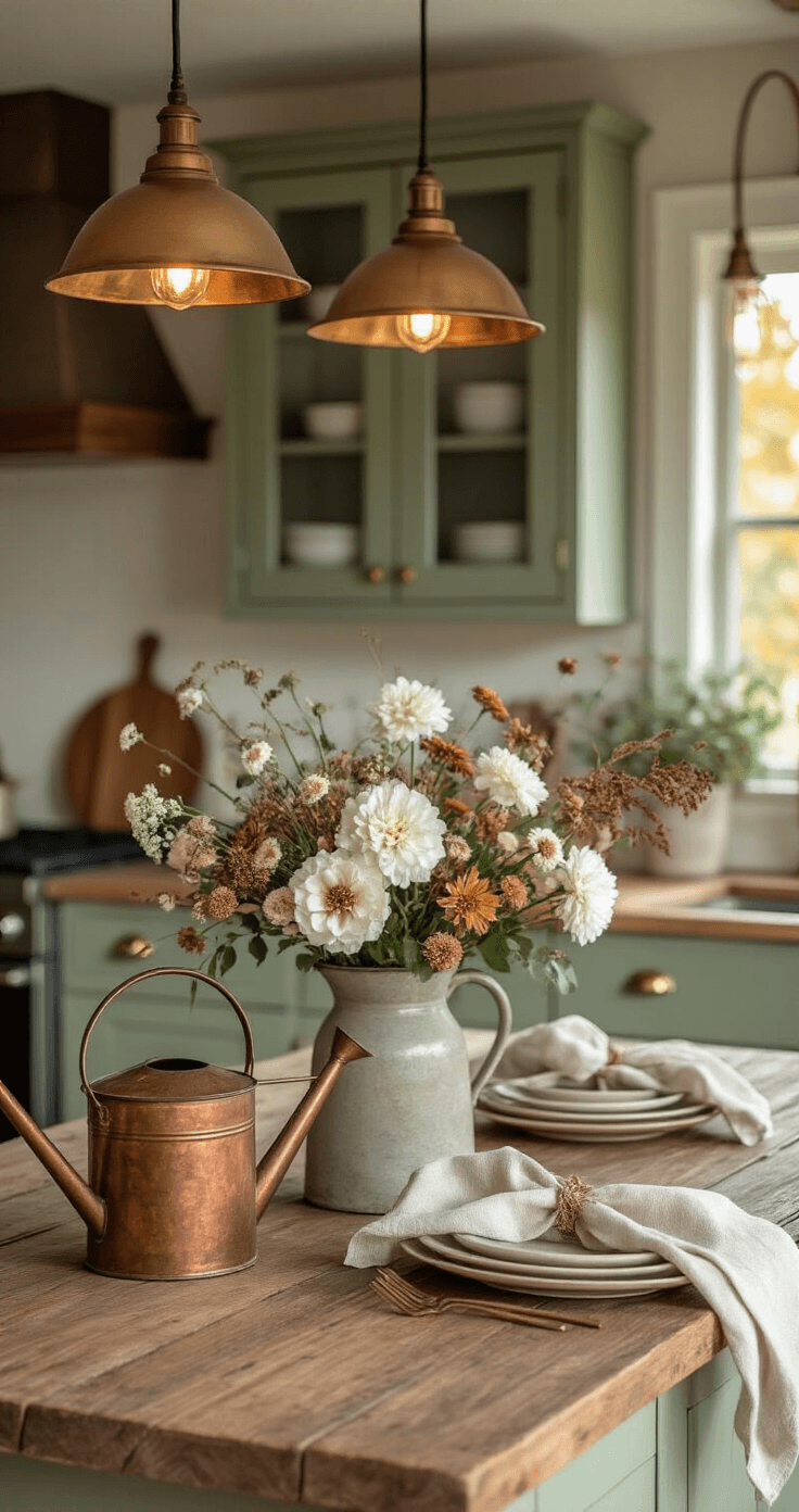 Good Night Flowers: The Most Beautiful Way to End Someone's Day Medium shot of a rustic farmhouse kitchen island adorned with seasonal floral arrangements of fresh white and cream flowers alongside dried elements, illuminated by warm pendant lights. A vintage copper watering can and linen napkins complement the cozy autumn styling, with soft sage green cabinets and brass hardware in the background, creating a warm amber, cream, and sage color palette.