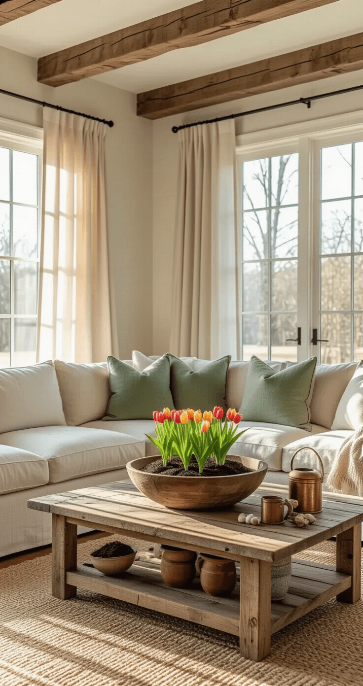 Tulips: A Quick Guide to Growing, Using, and Enjoying Them Cozy living room with a rustic farmhouse coffee table centerpiece featuring colorful tulip bulbs, golden hour light through sheer curtains, and a cream sectional sofa with sage green pillows, all set on distressed oak floors.