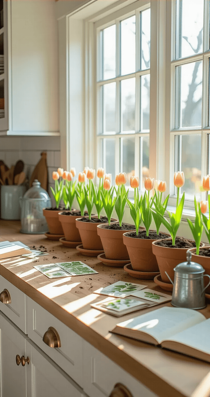 Tulips: A Quick Guide to Growing, Using, and Enjoying Them A bright kitchen windowsill herb garden with terracotta pots of tulip shoots, large casement windows, white subway tile, and butcher block countertops, illuminated by morning light, featuring vintage glass cloches and a miniature watering can amidst scattered seed packets and an open garden journal.