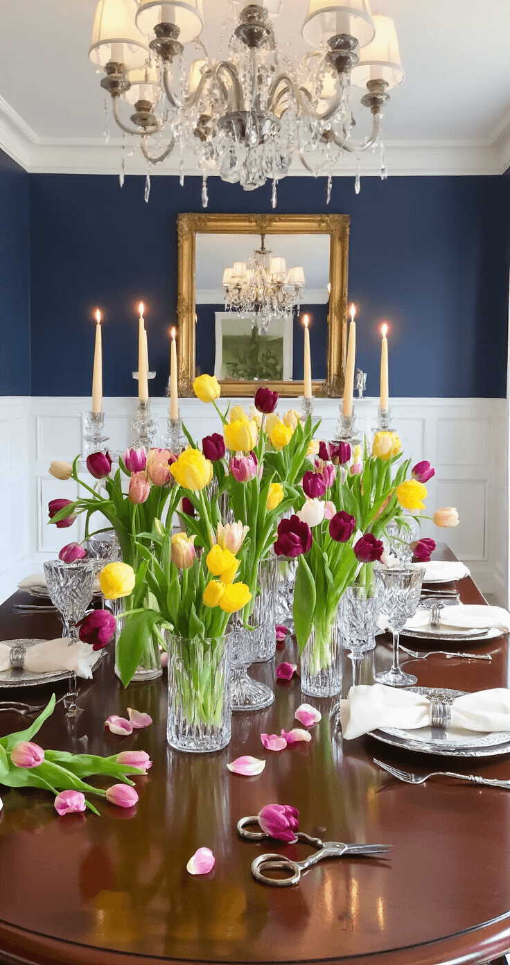 Tulips: A Quick Guide to Growing, Using, and Enjoying Them Elegant dining room with a mahogany table adorned with a dramatic floral arrangement of mixed tulips in crystal vases, under warm ambient lighting from candles and pendant fixtures; rich navy walls and white wainscoting accentuate the scene.