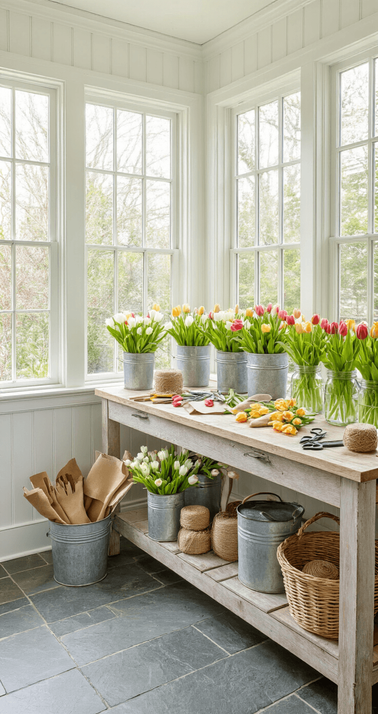 Tulips: A Quick Guide to Growing, Using, and Enjoying Them A sunroom garden workspace featuring a potting bench filled with spring tulip arrangements and floral supplies, illuminated by mid-morning light filtering through floor-to-ceiling windows, showcasing white beadboard walls and slate tile floors.