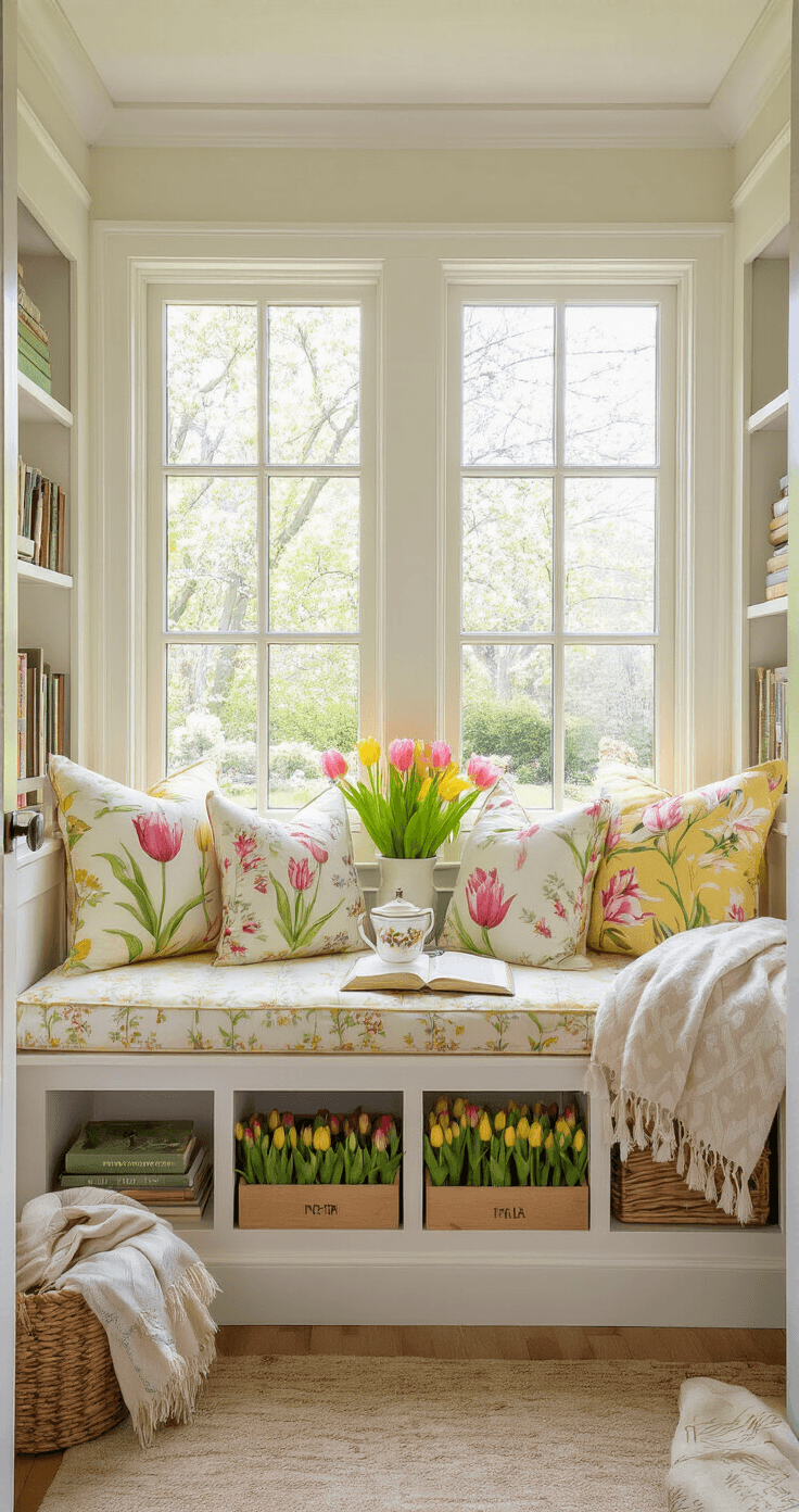 Tulips: A Quick Guide to Growing, Using, and Enjoying Them A cozy reading nook with a windowseat adorned with tulip-patterned cushions and fresh tulip arrangements, featuring built-in storage beneath and large picture windows showcasing a spring garden, illuminated by afternoon light.