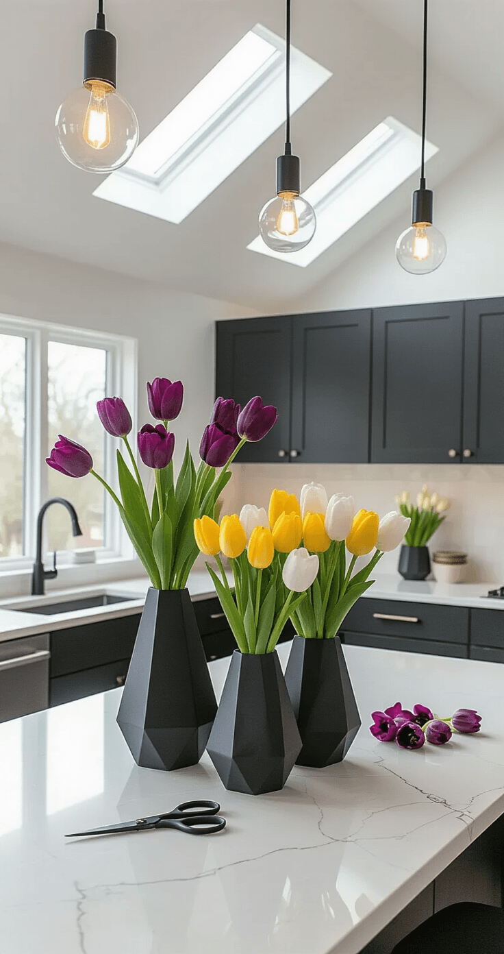 Tulips: A Quick Guide to Growing, Using, and Enjoying Them A modern kitchen island with a tulip arrangement in geometric vases, featuring dark purple, bright yellow, and white tulips against charcoal cabinets and white walls, illuminated by bright LED lights and natural skylight, showcasing a refined balance of organic and architectural elements.