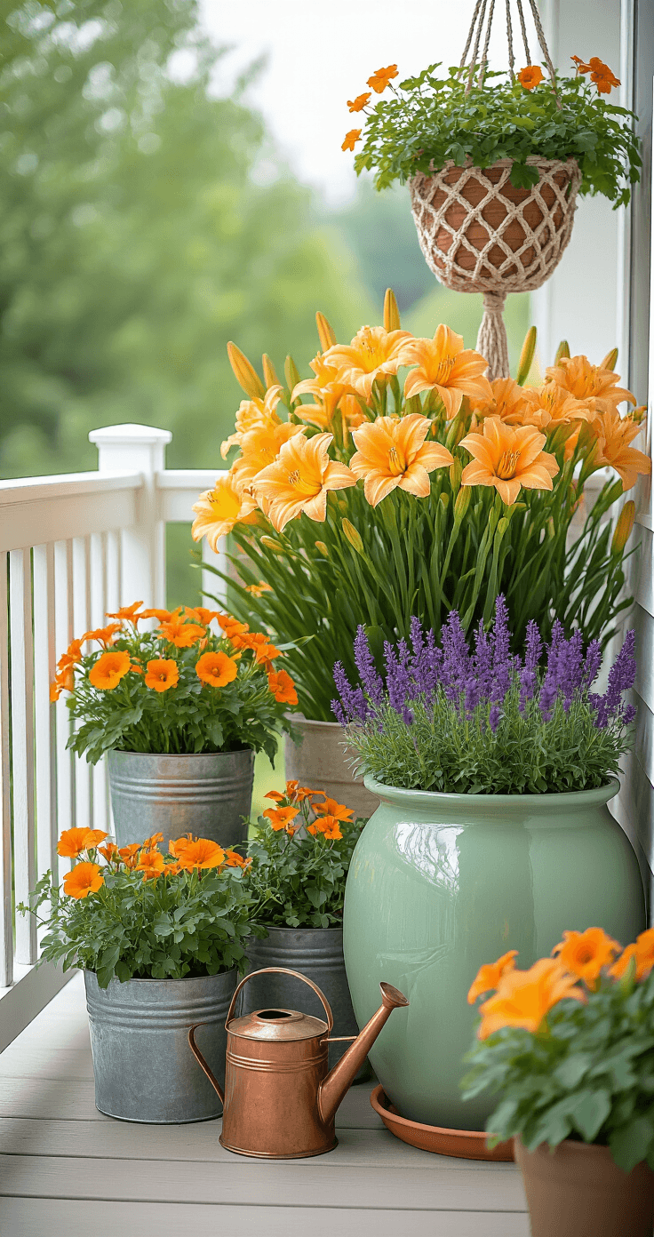 Orange Flower Garden & Patio Styling: My Complete Guide to Creating Pinterest-Worthy Outdoor Spaces A modern cottage-style balcony garden featuring orange daylilies 'Stella de Oro' in a sage green glazed ceramic pot, complemented by purple salvia, galvanized metal, and natural fiber containers with trailing nasturtiums, all arranged with a white-painted wooden plant stand and vintage copper watering can, captured in soft overcast morning light.