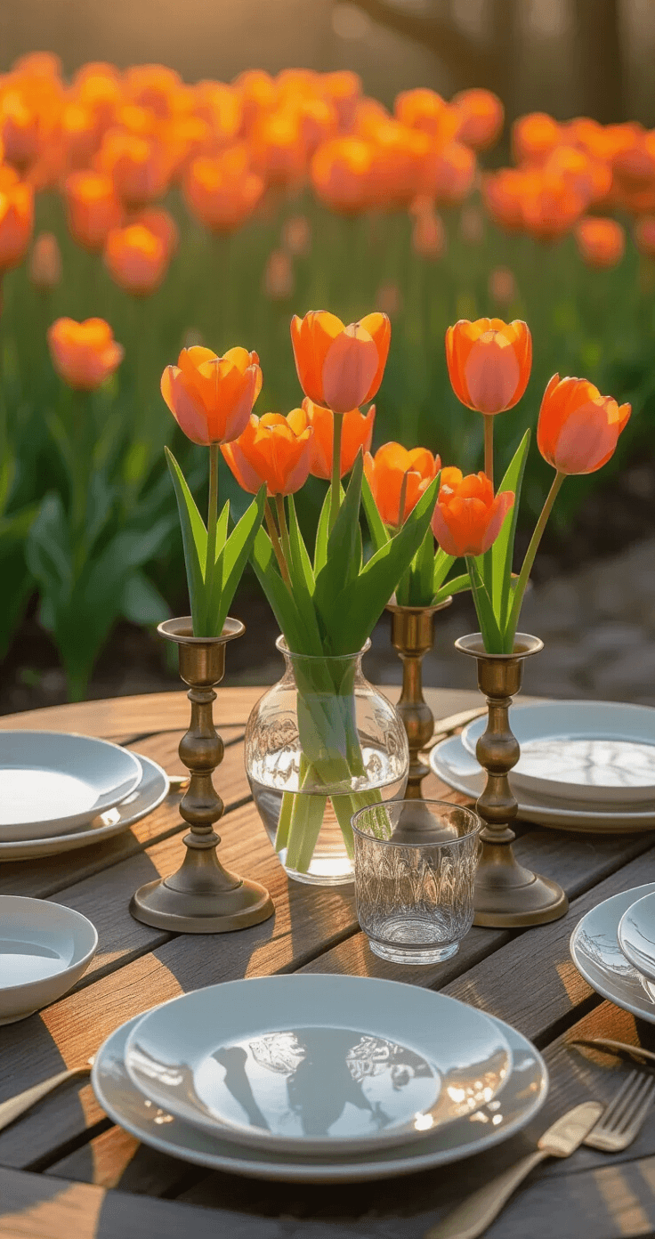 Orange Flower Garden & Patio Styling: My Complete Guide to Creating Pinterest-Worthy Outdoor Spaces An overhead view of a stylish outdoor tabletop arrangement at dawn, featuring vibrant orange tulips 'Orange Emperor' in varying-height glass vessels surrounded by vintage brass candlesticks and warm white ceramic dishes on a weathered teak table, with a soft-focus orange tulip garden in the background.
