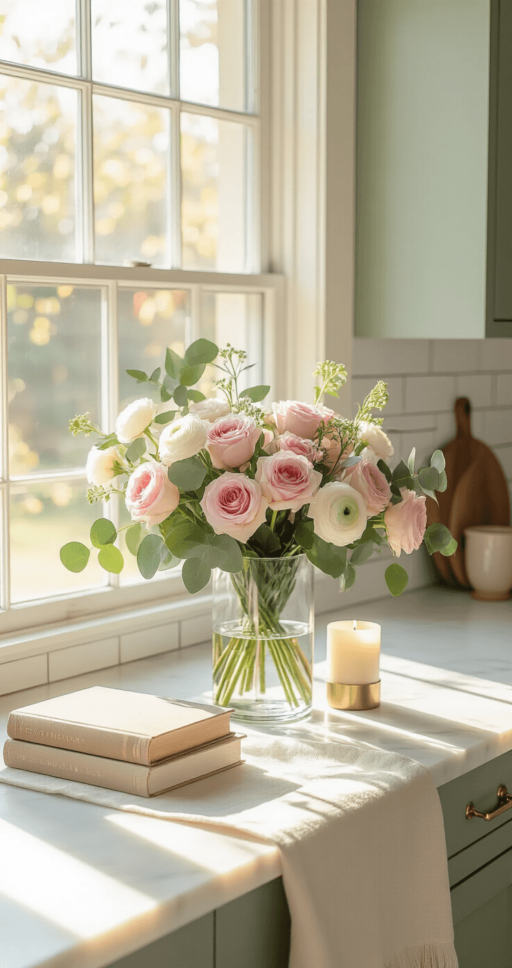 How a Beautiful Bouquet of Flowers Transformed My Entire Approach to Home Styling Photorealistic kitchen counter with morning light, featuring a bouquet of pink roses and white ranunculus in a glass vase on marble surfaces, soft shadows on a linen runner, stacked books and a taper candle in a brass holder, set against a backdrop of subway tile and sage green cabinets.
