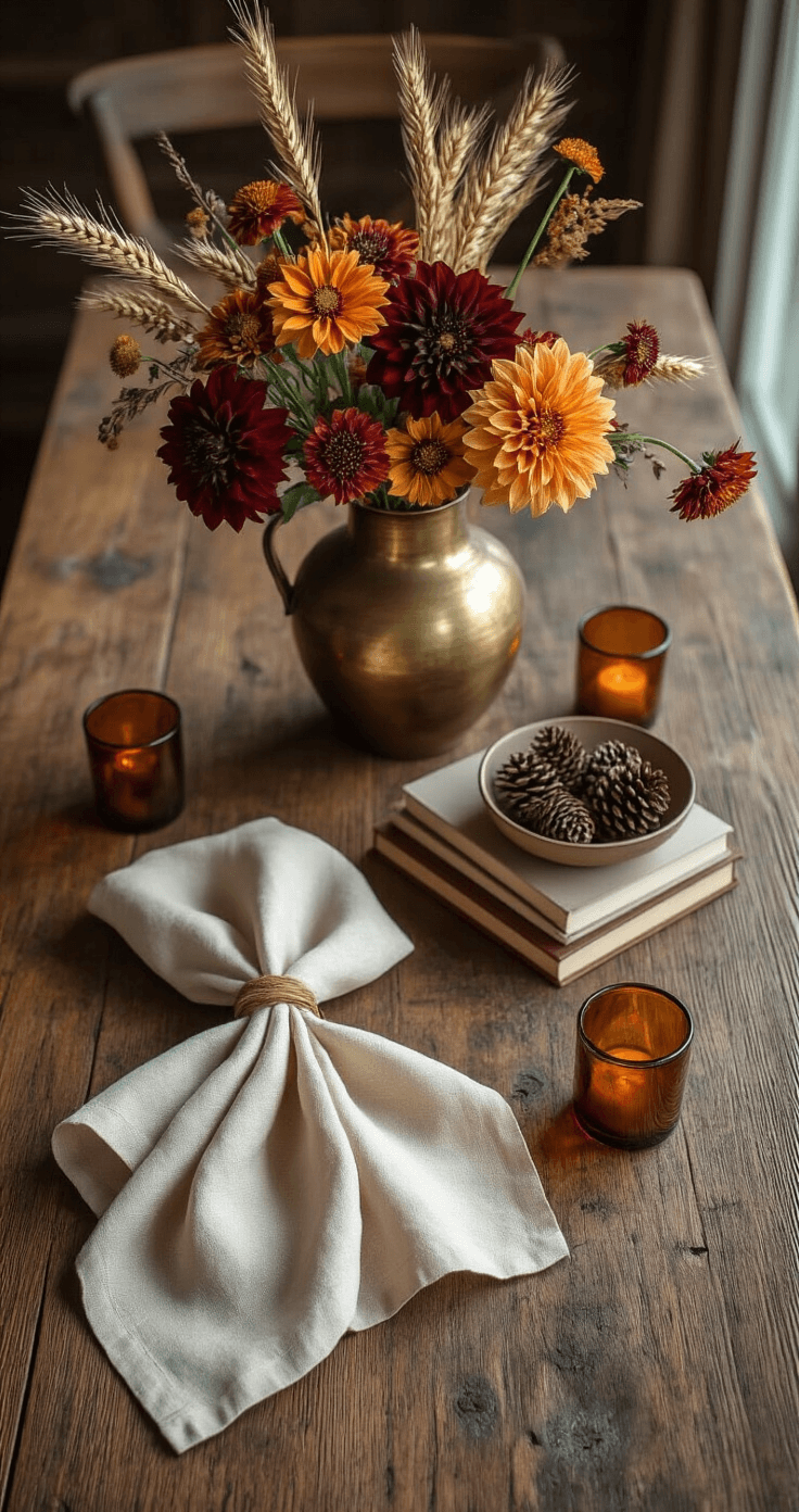 How a Beautiful Bouquet of Flowers Transformed My Entire Approach to Home Styling Photorealistic overhead view of a rustic farmhouse dining table with a vintage brass vase filled with dahlias, marigolds, and dried wheat. Surrounded by a cream linen napkin, a stack of warm-toned books, a small ceramic bowl with pinecones, and amber glass votives, all arranged in a cozy autumnal setting featuring deep oranges and burgundy.