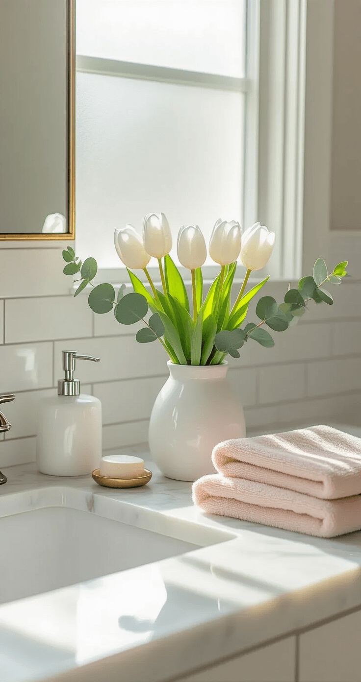 How a Beautiful Bouquet of Flowers Transformed My Entire Approach to Home Styling Photorealistic bathroom vanity vignette featuring a white ceramic vessel with three white tulips and eucalyptus, a folded blush hand towel, and a small brass mirror against a clean white subway tile background, all bathed in soft afternoon light.