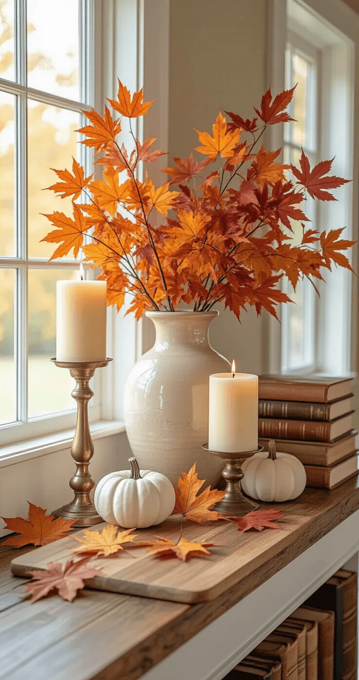 Fall Leaves Decor That'll Make Your Feed (and Home) Absolutely Glow A cozy fall mantel scene featuring a rustic wooden surface, a large ceramic vase with vibrant maple branches, ivory pillar candles on brass holders, scattered autumn leaves, small white pumpkins, and vintage hardcover books, all illuminated by warm afternoon light against a white shiplap wall.