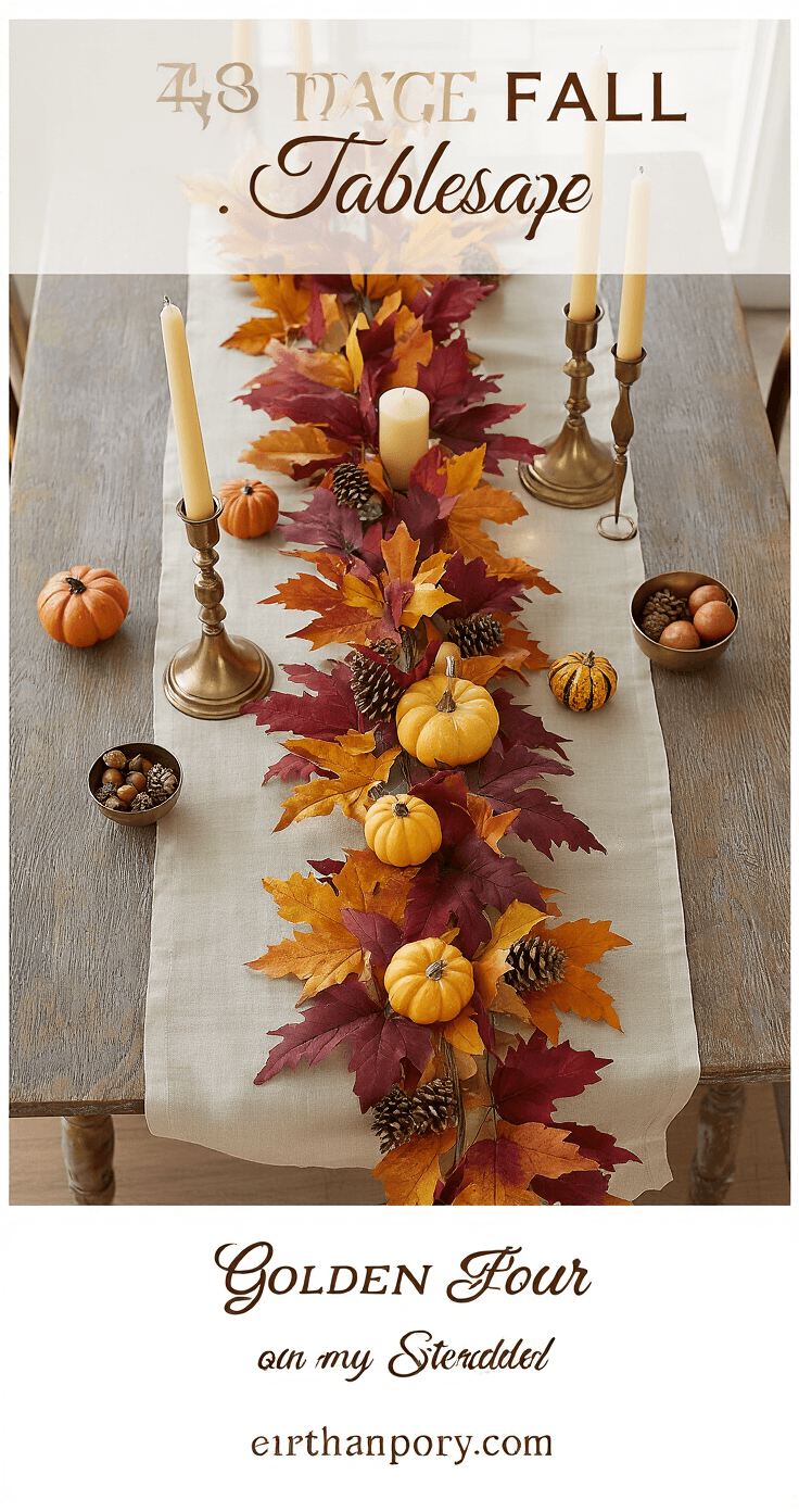 Fall Leaves Decor That'll Make Your Feed (and Home) Absolutely Glow Elegant fall tablescape featuring a cream linen runner and a garland of faux autumn leaves, with brass candlesticks, terracotta pumpkins, and scattered acorns, all illuminated by warm LED fairy lights during golden hour.