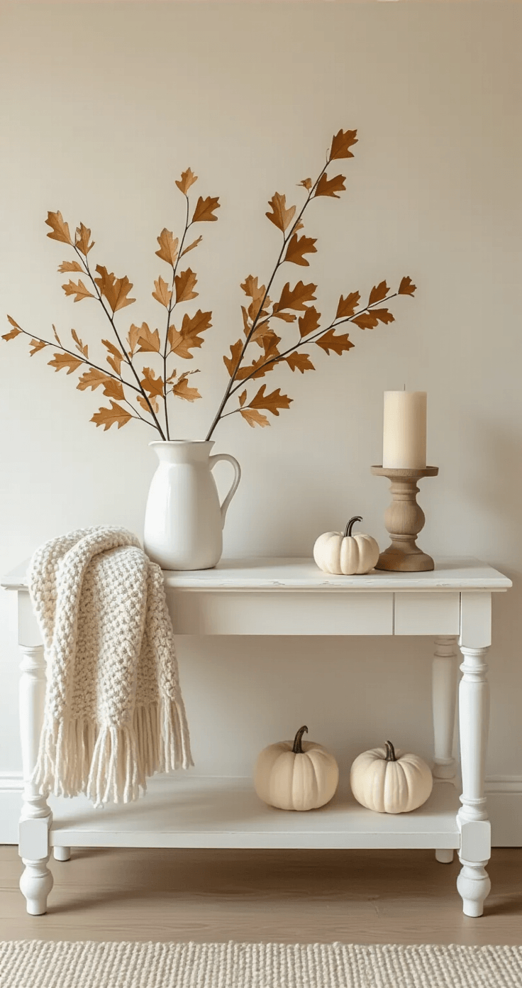 Fall Leaves Decor That'll Make Your Feed (and Home) Absolutely Glow A minimal Scandinavian-inspired console table vignette featuring a white wood console against a cream wall, styled with golden oak leaves in a white pitcher, an ivory candle, and cream mini pumpkins, with a chunky knit throw draped over one corner, all in bright morning light.