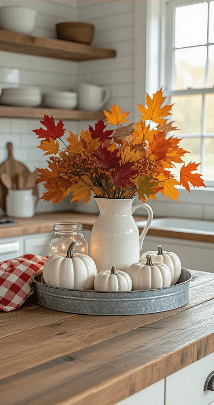 Fall Leaves Decor That'll Make Your Feed (and Home) Absolutely Glow A rustic farmhouse kitchen island adorned with fall foliage in vibrant oranges, reds, and yellows, white ceramic pumpkins, a vintage milk jug vase, and mason jars with string lights, set against white subway tile and open shelving.