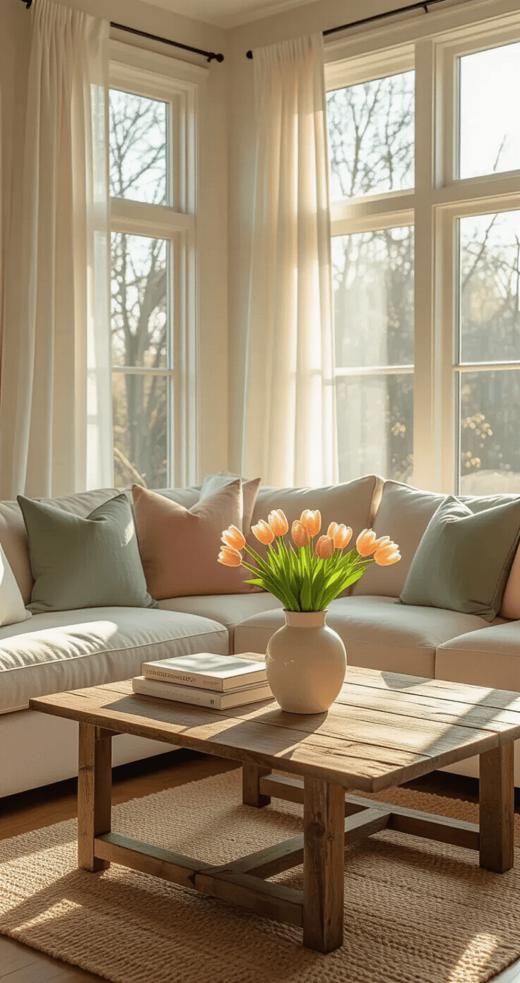 Good Morning Flowers Pictures: Where to Find Them and How to Use Them Perfectly A sunlit living room with large east-facing windows, featuring a reclaimed wood coffee table with fresh tulips in a cream vase, a beige sectional sofa adorned with sage green and blush pink linen pillows, sheer white curtains, gleaming hardwood floors, and a jute area rug.