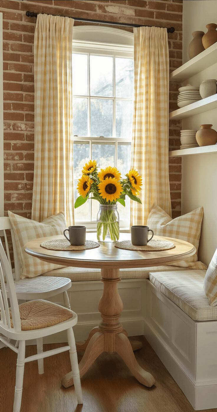 Good Morning Flowers Pictures: Where to Find Them and How to Use Them Perfectly A cozy breakfast nook with a round oak table adorned with sunflowers, surrounded by mismatched vintage chairs, and bathed in warm natural light from a bay window, featuring exposed brick walls and a built-in window seat with linen cushions.