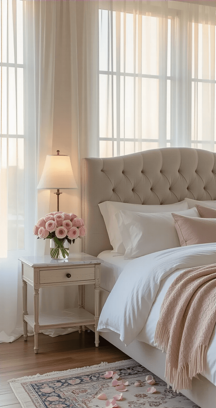 Good Morning Flowers Pictures: Where to Find Them and How to Use Them Perfectly An elegant master bedroom at sunrise, featuring sheer white curtains, a tufted gray headboard, blush pink roses on a marble nightstand, and layered bedding in crisp white and dusty rose, all set on hardwood floors with a muted Persian rug. A vintage brass lamp adds warmth to the tranquil atmosphere.