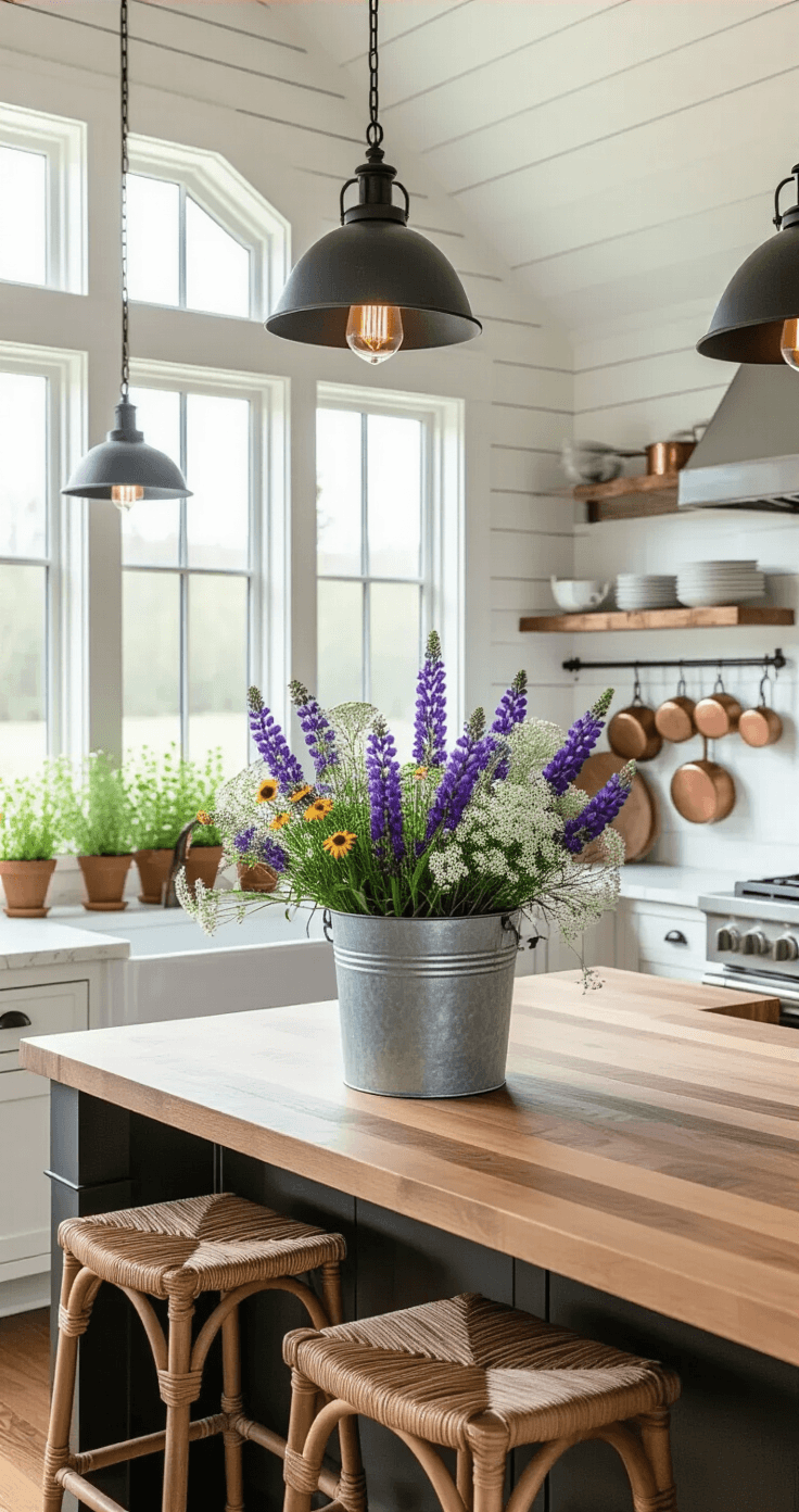 Good Morning Flowers Pictures: Where to Find Them and How to Use Them Perfectly A rustic farmhouse kitchen island at sunrise, featuring mixed wildflowers in a galvanized bucket, butcher block countertops, white shiplap backsplash, matte black pendant lights, fresh herbs on the windowsill, and woven seagrass bar stools, all illuminated by dramatic side lighting.