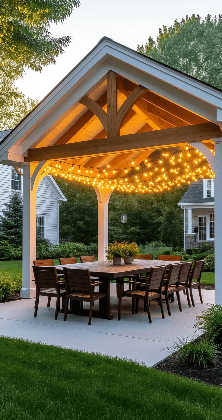 Outdoor Pavilion Designs That'll Transform Your Backyard Into Something Actually Special A wide-angle view of a picturesque outdoor pavilion with a white gable roof and cedar beams, set on a concrete pad in a manicured backyard during golden hour, featuring warm string lights, a dark walnut dining table for eight, and surrounded by lush landscaping and colonial-style architecture in the background.