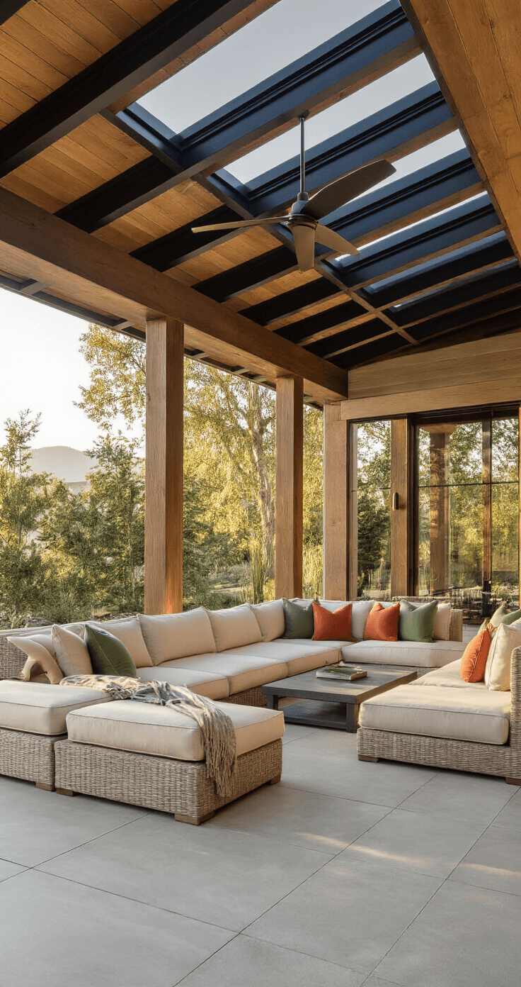 Outdoor Pavilion Designs That'll Transform Your Backyard Into Something Actually Special Close-up shot of an elegant hip roof pavilion with dark charcoal metal panels and Douglas fir timber frame, featuring a stylish outdoor living room with cream sectional seating, sage green and terracotta pillows, and a sleek ceiling fan, all bathed in late afternoon light with polished concrete floors.