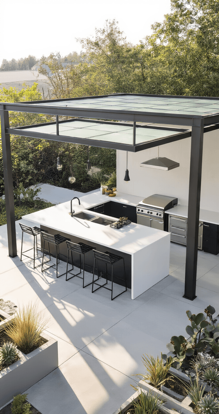 Outdoor Pavilion Designs That'll Transform Your Backyard Into Something Actually Special Overhead view of a modern minimalist pavilion with a flat roof, featuring steel frame construction, frosted glass panels, and a streamlined outdoor kitchen with stainless steel appliances, black metal bar stools, and white quartz countertops. Afternoon sunlight filters through translucent roof panels, illuminating the polished concrete floor, surrounded by geometric planters with sculptural succulents and ornamental grasses.