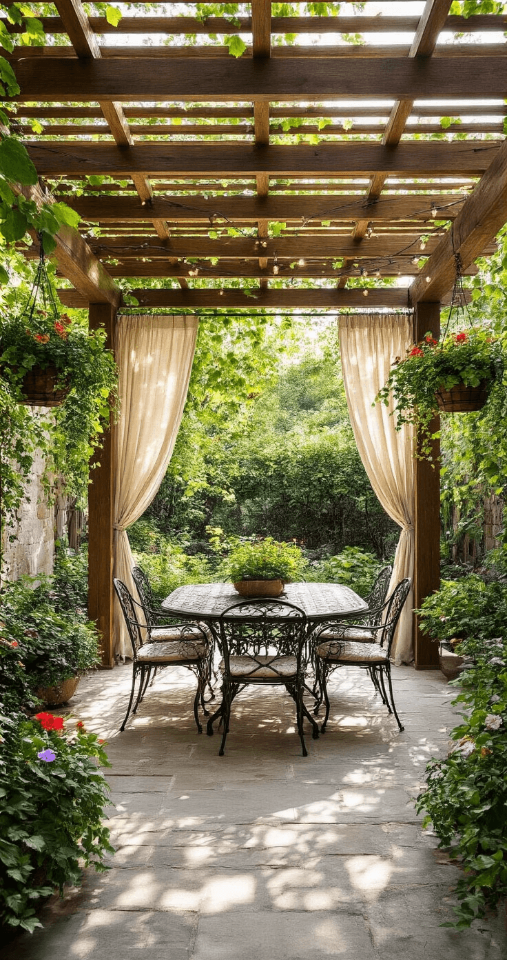 Outdoor Pavilion Designs That'll Transform Your Backyard Into Something Actually Special An eye-level view of a pergola-style pavilion with cedar slats and morning glory vines, dappled sunlight casting shadows on flagstone flooring, featuring a wrought iron dining set, hanging planters of ivy and impatiens, string lights, and swaying outdoor curtains.