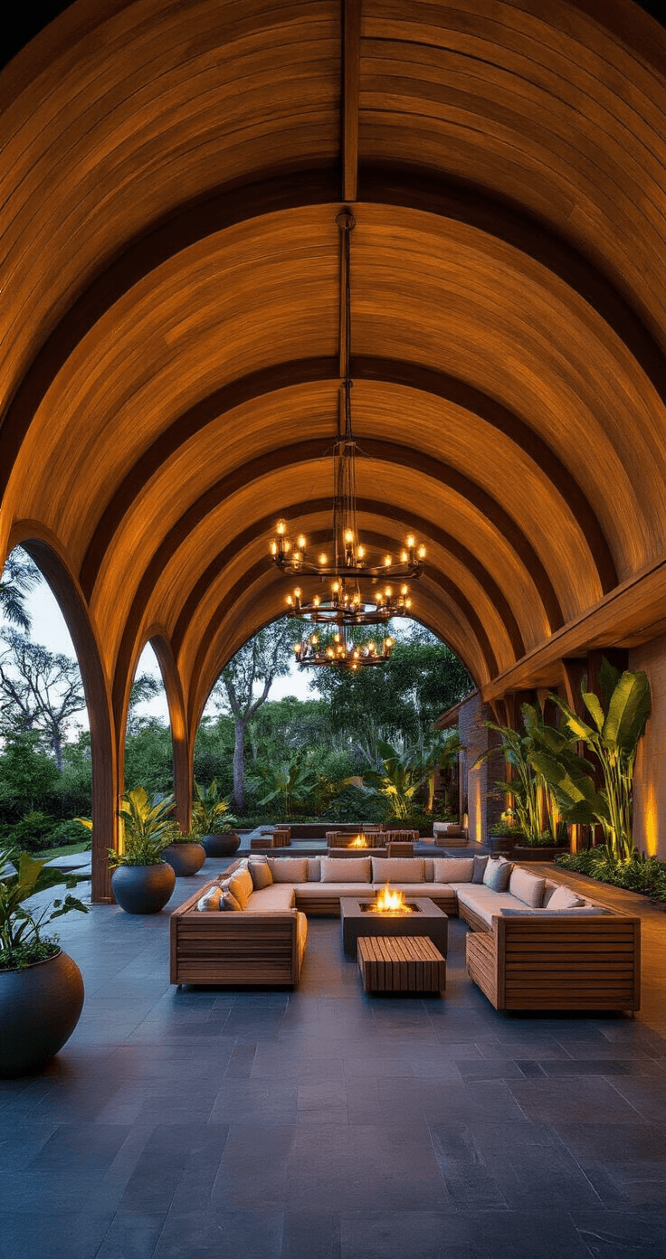 Outdoor Pavilion Designs That'll Transform Your Backyard Into Something Actually Special Dramatic wide shot of a curved timber pavilion with a barrel-vaulted ceiling, featuring luxury teak furniture arranged around a central fire feature, illuminated by warm Edison bulb chandeliers and uplighting, with tropical plants in ceramic planters, against a twilight sky.