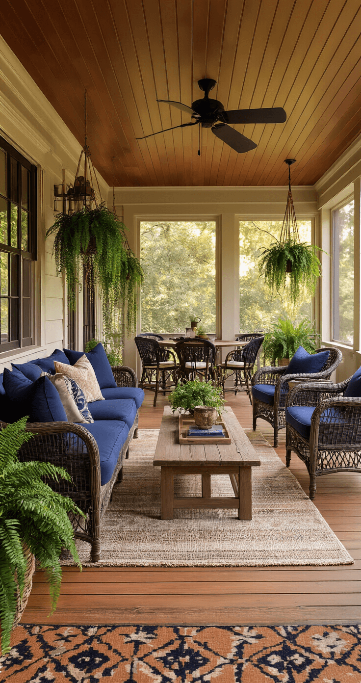 Transform Your Enclosed Porch Into the Coziest Room in Your House Wide-angle shot of a cozy enclosed porch during golden hour, featuring deep-seated navy sofa, vintage wicker loveseat, modern black metal chairs, and a weathered wood coffee table, with honey-colored wooden floors and geometric patterns. Different zones include a bistro dining area and a reading nook, adorned with cascading Boston ferns and trailing pothos vines, illuminated by string lights and vintage lanterns, with sheer white curtains gently billowing.
