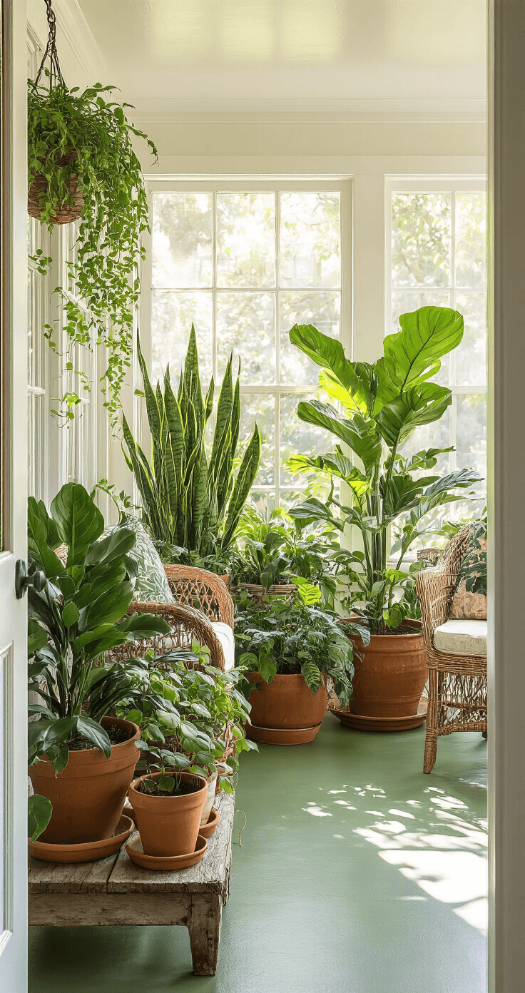 Transform Your Enclosed Porch Into the Coziest Room in Your House Close-up of a lush, plant-filled enclosed porch corner bathed in soft morning light, showcasing varied greenery in terracotta and ceramic planters, including snake plants, spider plants, and large floor plants like fiddle leaf fig and monstera, with filtered sunlight casting dappled shadows on warm sage green concrete floors.