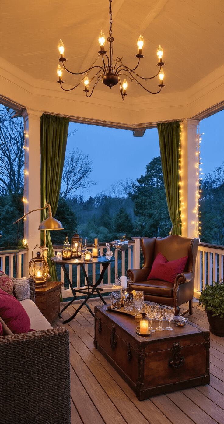 Transform Your Enclosed Porch Into the Coziest Room in Your House Dramatic evening interior of an enclosed porch with three-layer lighting design during blue hour; features an overhead chandelier with Edison bulbs, a brass pendant over a dining table, a reading lamp by a leather wingback chair, warm LED string lights, solar lanterns among potted plants, and LED candles on a vintage bar cart. The decor showcases a deep jewel tone palette with burgundy and gold accents, rich emerald curtains, and warm copper elements, all arranged to create an intimate conversation zone.