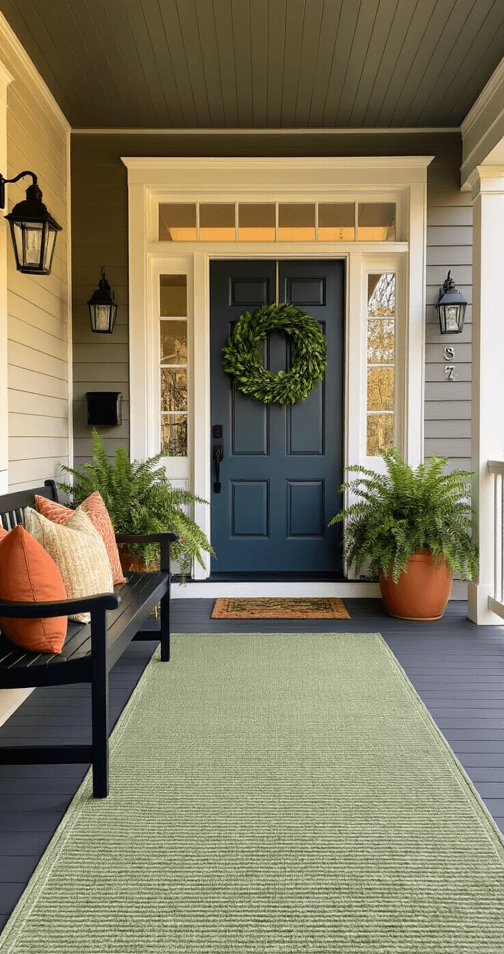 Transform Your Front Porch Into a Cozy Spring and Summer Haven (Without Breaking the Bank) A cozy front porch at golden hour featuring a charcoal blue door adorned with a spring wreath, flanked by terracotta planters with lush greenery, a sage green area rug, and a black bench with patterned pillows, all captured in warm afternoon light.