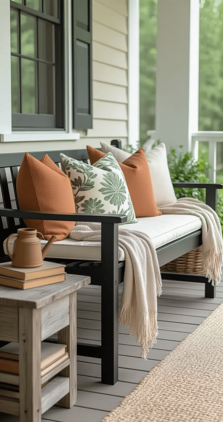 Transform Your Front Porch Into a Cozy Spring and Summer Haven (Without Breaking the Bank) Close-up of a styled porch seating area featuring a black wooden bench with layered textiles, including a large sage green botanical pillow and two terracotta and cream lumbar pillows, draped with a warm taupe throw. A weathered wood floor and a corner of a sage outdoor rug are visible, alongside a small reclaimed wood side table holding a ceramic watering can and vintage books, all captured in soft morning light for a cozy, intimate atmosphere.