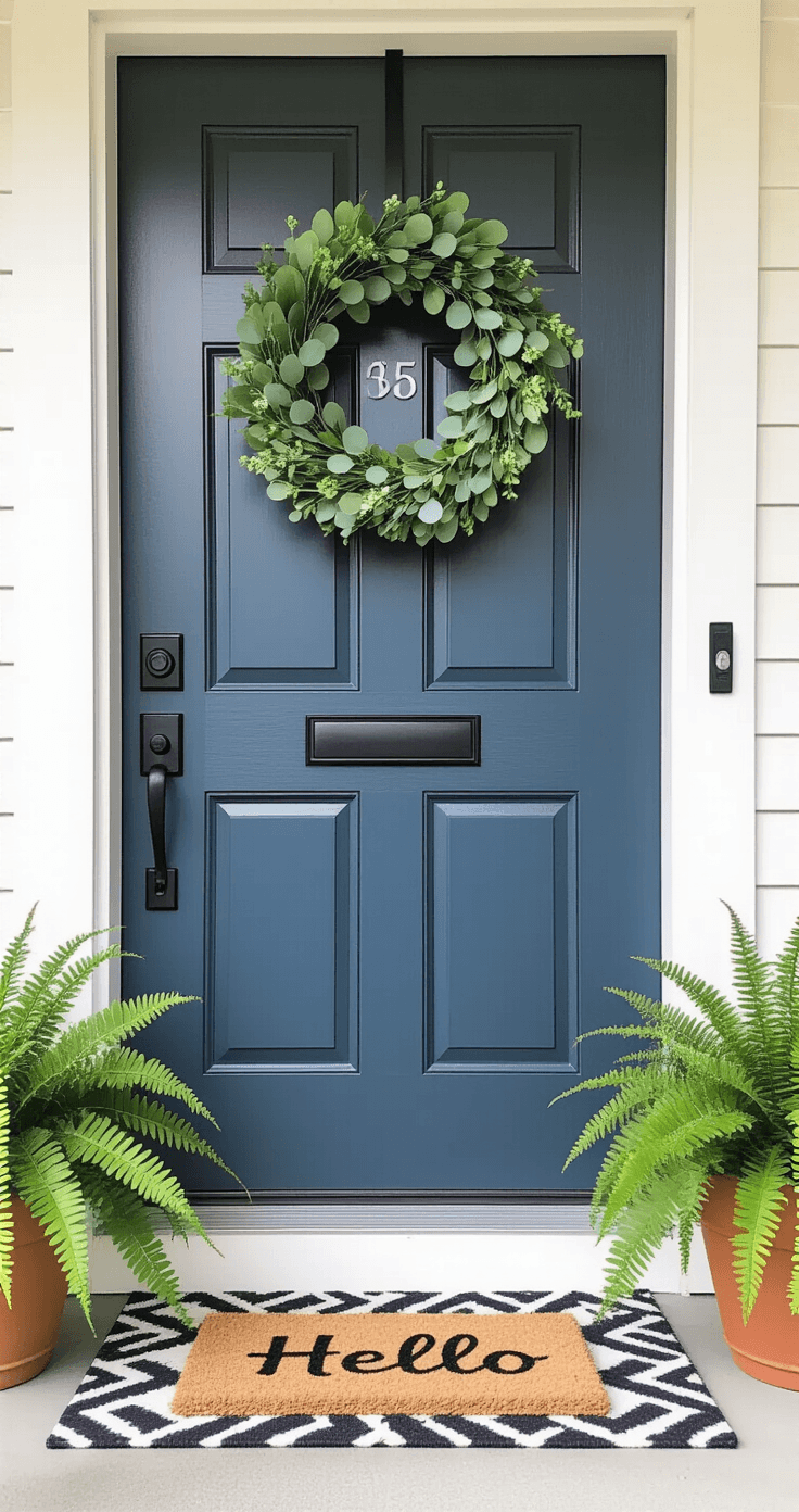 Transform Your Front Porch Into a Cozy Spring and Summer Haven (Without Breaking the Bank) Macro photography of a charcoal blue front door with modern black hardware, adorned with a spring wreath of eucalyptus and white flowers, alongside layered doormats and a terracotta planter with ferns, captured in natural indirect sunlight.