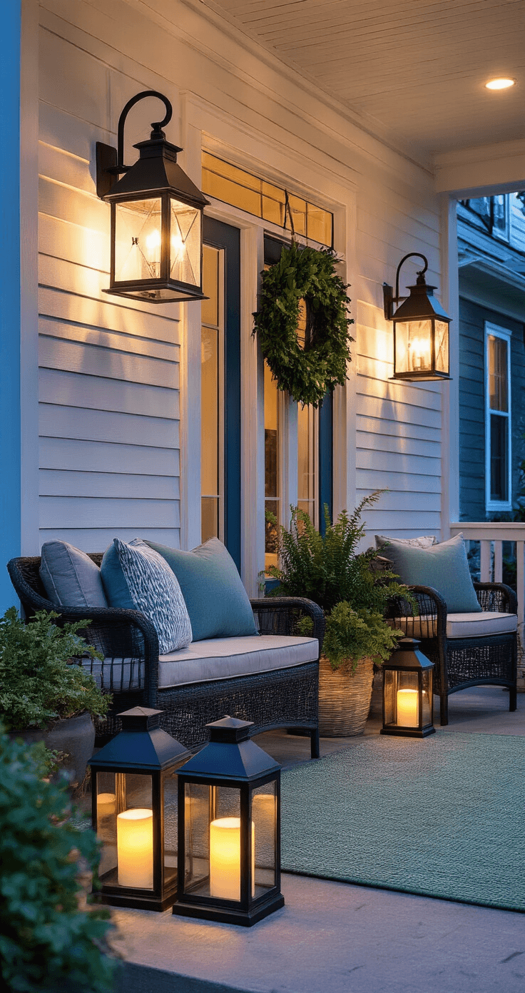 Transform Your Front Porch Into a Cozy Spring and Summer Haven (Without Breaking the Bank) Evening photograph of a warmly lit porch with modern lantern fixtures, glowing LED candles, and solar stake lights, featuring a cozy seating arrangement on a sage green rug, a charcoal blue door, and a spring wreath, all captured during blue hour twilight.