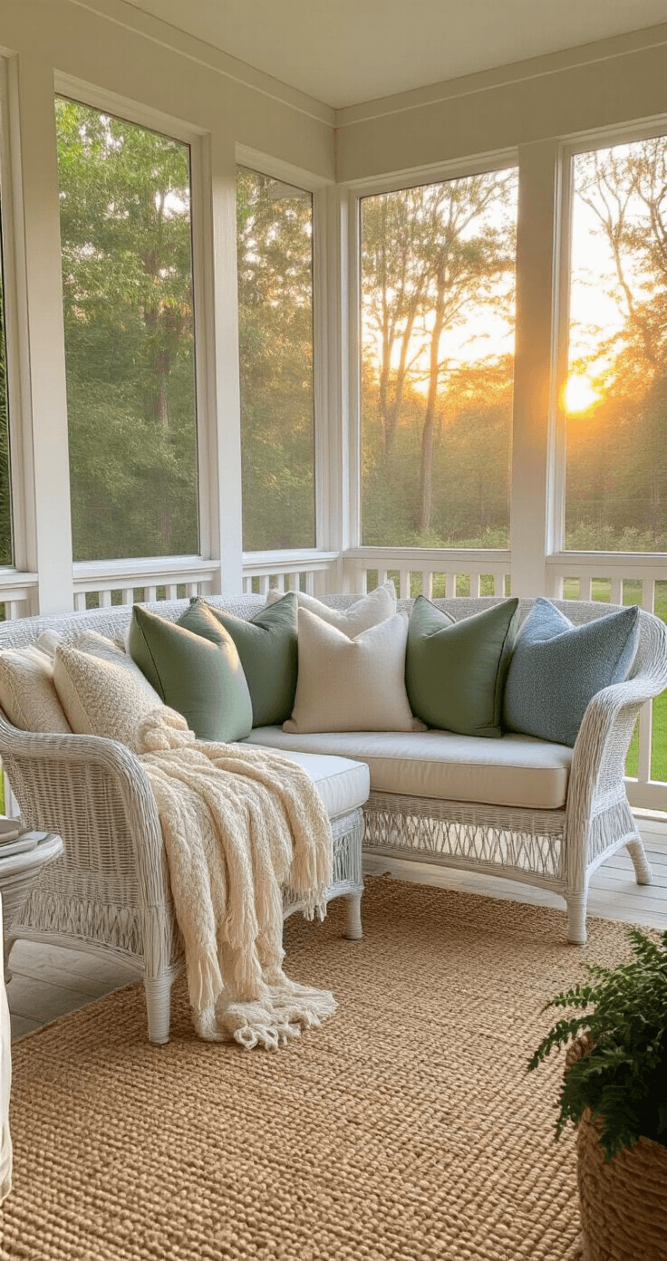 How I Transformed My Screened Porch Into a Pinterest-Worthy Paradise (And You Can Too) Cozy screened porch interior during golden hour, featuring a weathered white wicker loveseat with throw pillows, a chunky knit cream throw, and warm lighting from string lights, all framed by lush backyard views.