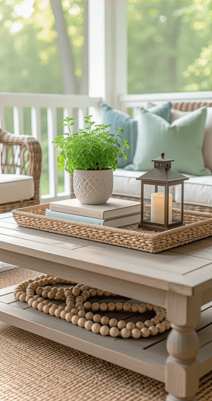 How I Transformed My Screened Porch Into a Pinterest-Worthy Paradise (And You Can Too) A serene screened porch vignette featuring a weathered wooden coffee table on a jute rug, styled with stacked neutral books, a potted herb, a wooden bead garland, and a hurricane lantern with an LED candle, all illuminated by bright morning light.