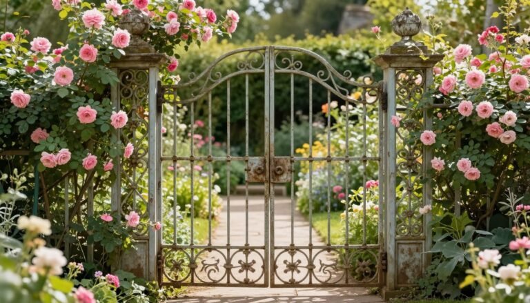 Vintage Yard Decor Ideas That Make Outdoor Spaces Feel Charming & Collected Charming vintage garden gate with climbing roses and weathered iron details