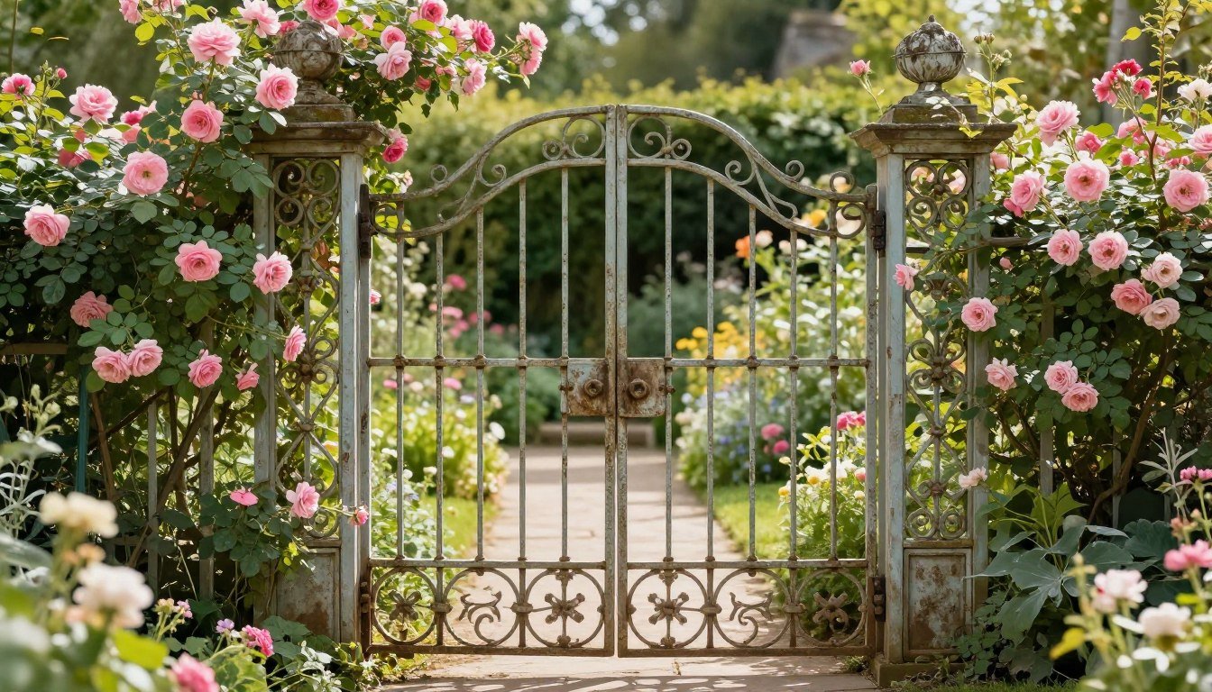 Vintage Yard Decor Ideas That Make Outdoor Spaces Feel Charming & Collected Charming vintage garden gate with climbing roses and weathered iron details